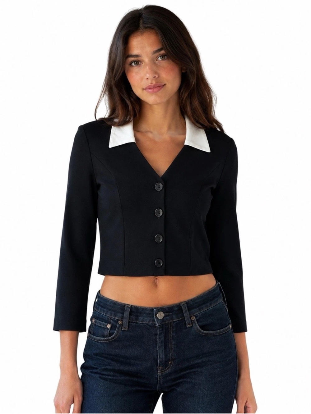 Reformation Pia Knit Top Cropped Women's Size Small Black White Contrast Collar